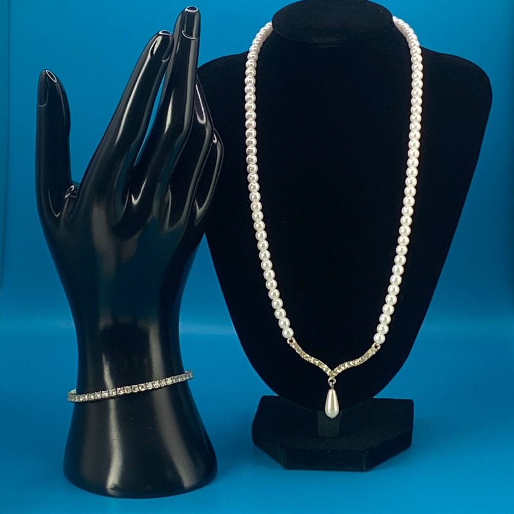 Claire's Faux Pearl Rhinestone V Drop Necklace & Tennis Bracelet Lot Gold Tone